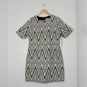 Jade Melody Tam NEW Cream Black Zigzag Cotton Blend Short Sleeve Zip Back Dress